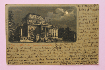 Ansichtskarte Mondschein Litho AK Gruß aus Wiesbaden 1898 Opernhaus im Mondschein Architektur Ortsansicht Hessen